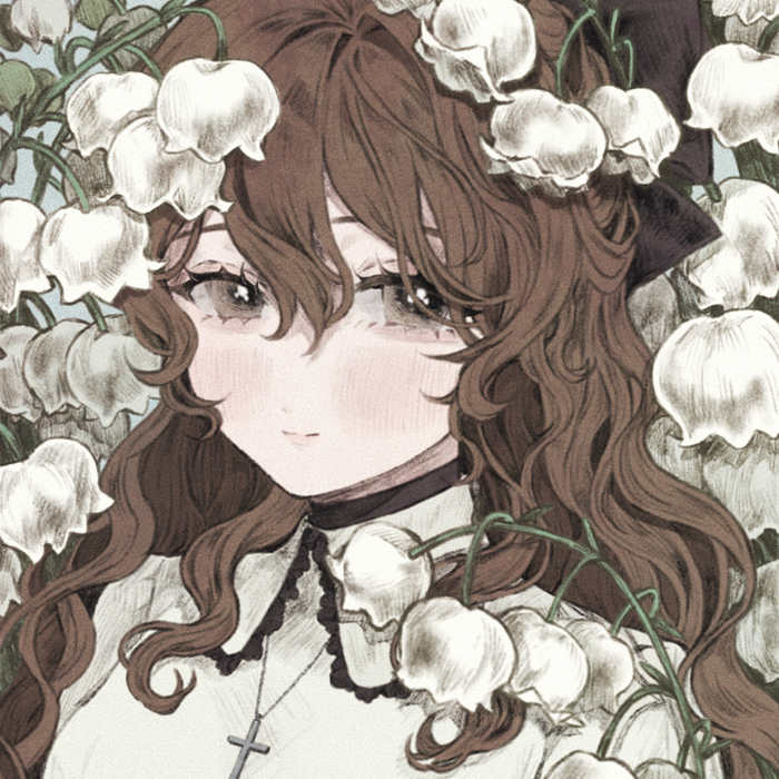 anne, a brown haired OC with a white dress, black bow, surrounded by lillies of the valley