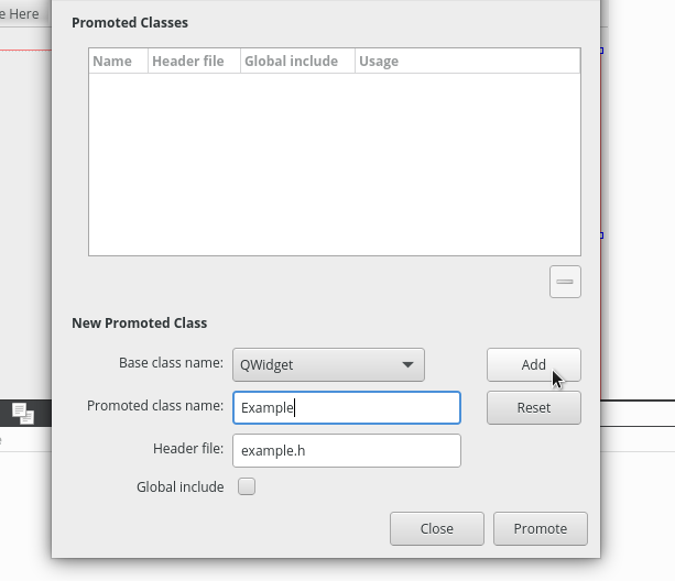 Enter 'Example' into the promoted class name box and click Add. Enter 'Example' into the promoted class name box and click Add.