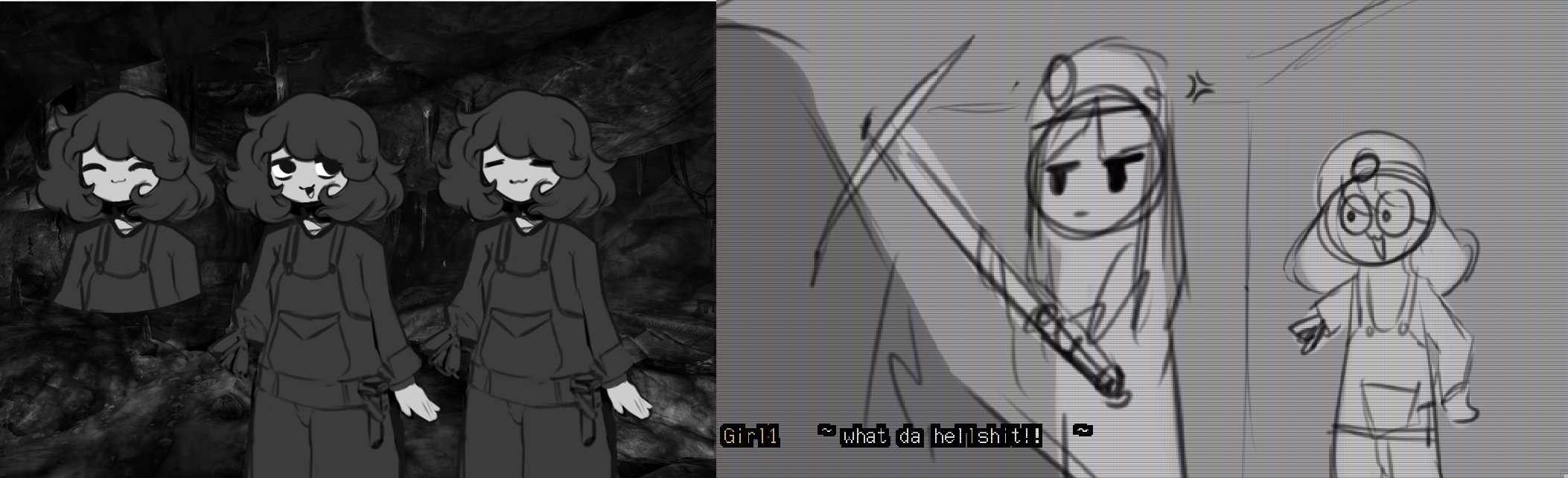 clean drawing of girl with no arm, next to draft art of girl saying what da hellshit clean drawing of girl with no arm, next to draft art of girl saying what da hellshit
